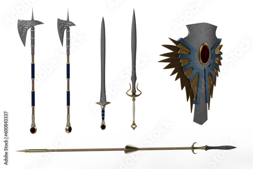 Collection of fantasy elf weapons. 3D rendering isolated.