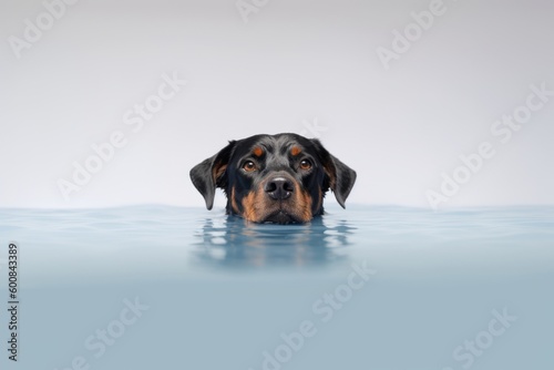 Studio portrait photography of a curious rottweiler swimming against a minimalist or empty room background. With generative AI technology