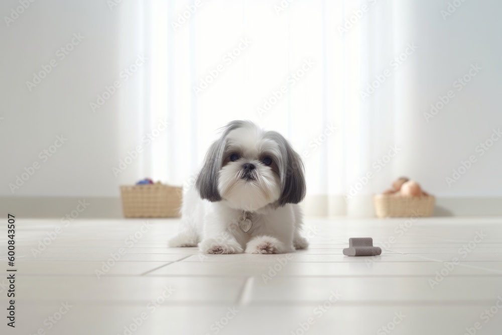 Lifestyle portrait photography of a happy shih tzu digging against a