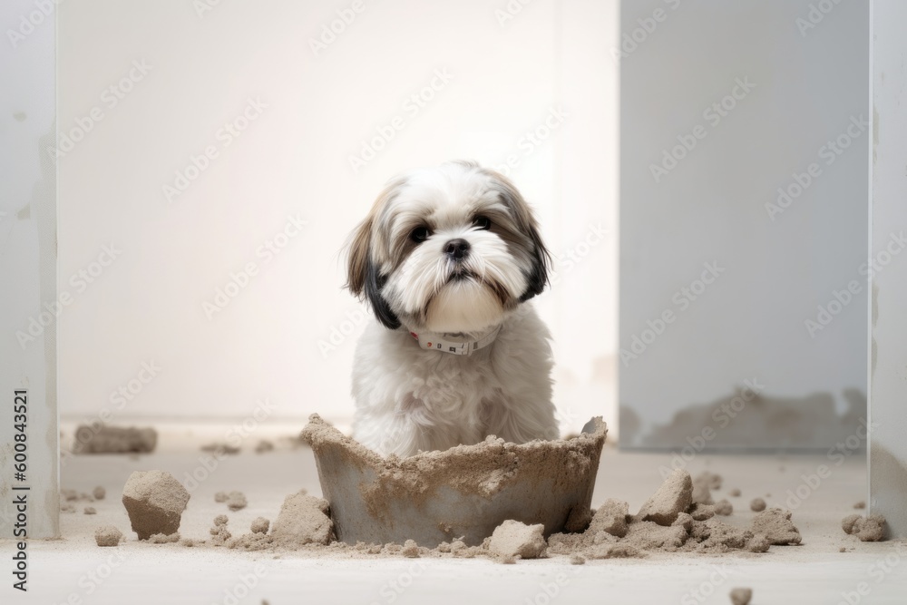 Lifestyle portrait photography of a happy shih tzu digging against a