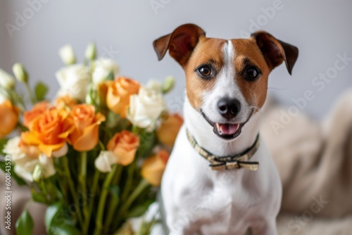 Lifestyle portrait photography of a happy jack russell terrier having a bouquet of flowers against a minimalist or empty room background. With generative AI technology