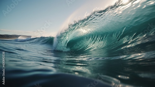 Blue ocean surfing wave Generative AI © Suleyman