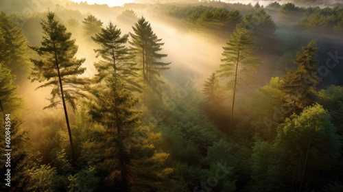Mystical Morning Light in North German Forest. Generative AI