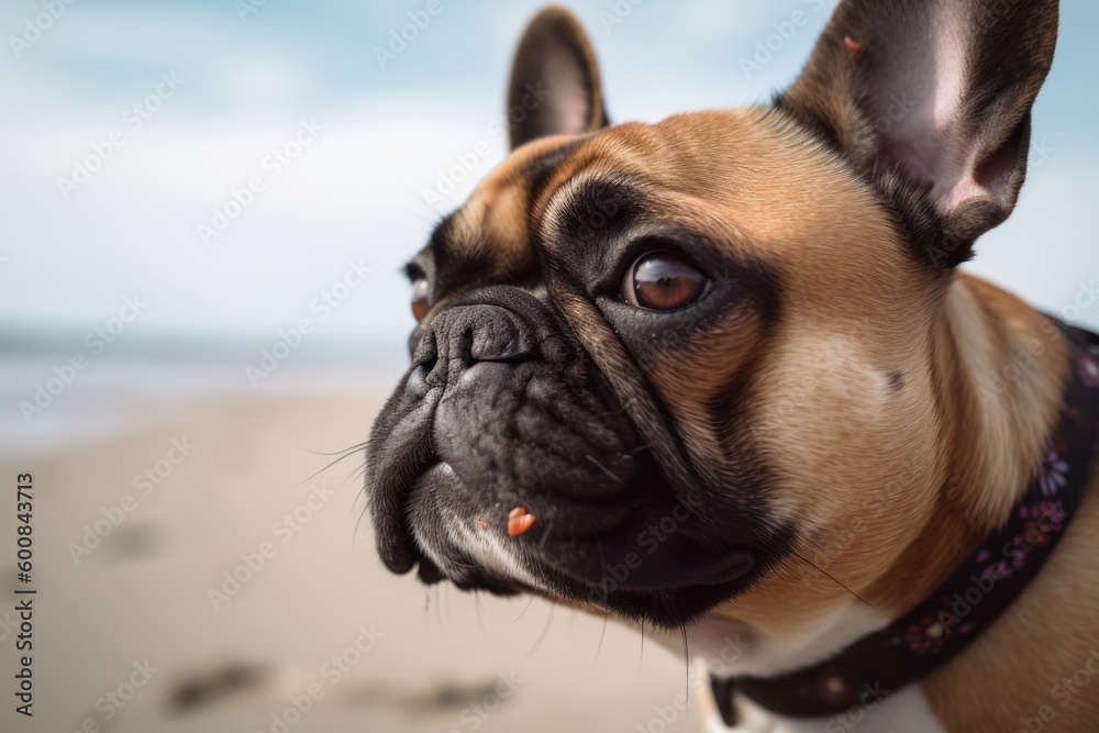 Lifestyle portrait photography of a curious french bulldog having a butterfly on its nose against a beach background. With generative AI technology