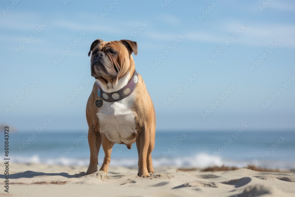 Full-length portrait photography of an aggressive bulldog wearing a medal and a ribbon against a beach background. With generative AI technology