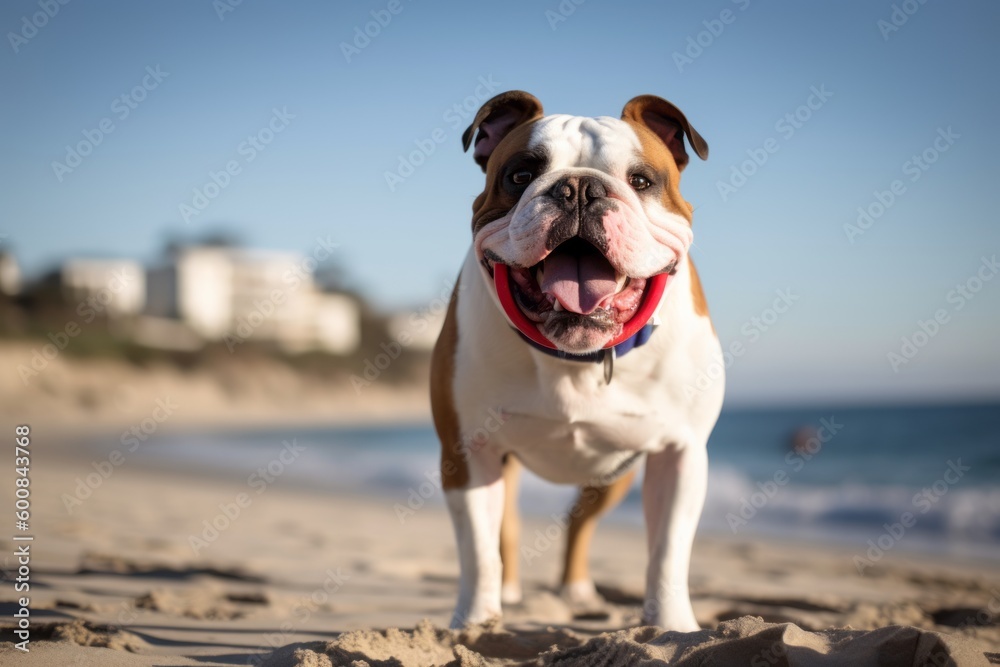 Environmental portrait photography of a happy bulldog holding a frisbee in its mouth against a beach background. With generative AI technology