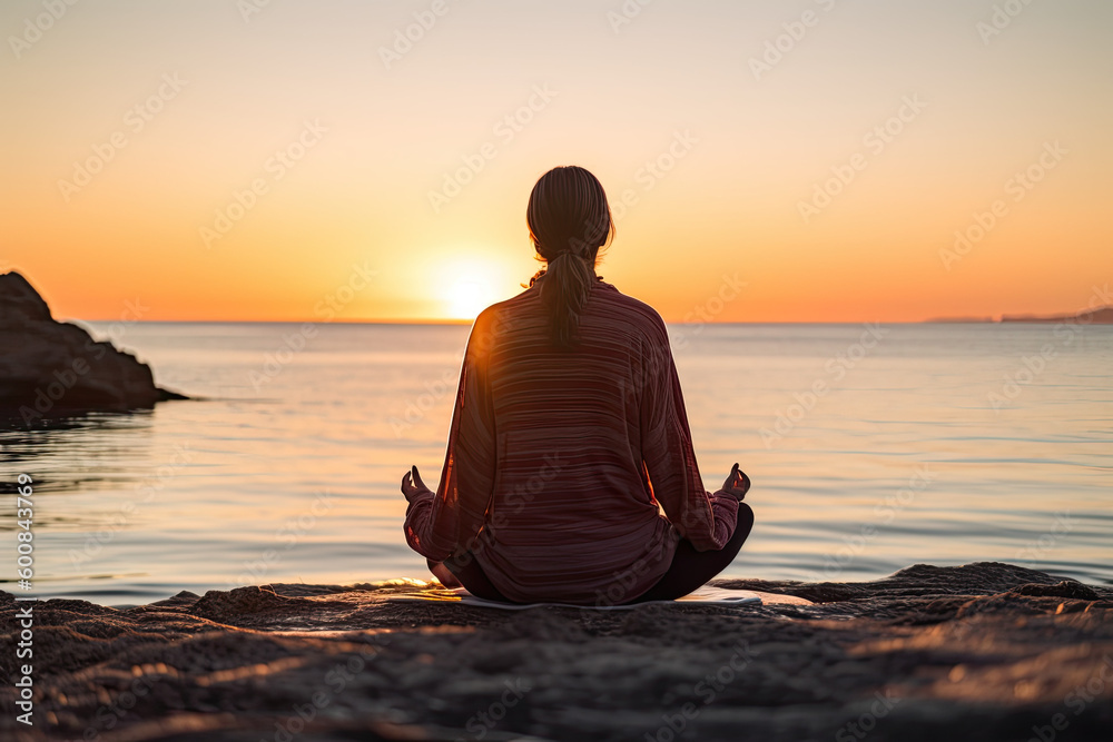 a woman meditating by the sea during sunrise