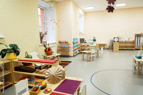 Classroom of Montessori kindergarten. The colorful Montessori material. Concept of children learning toy