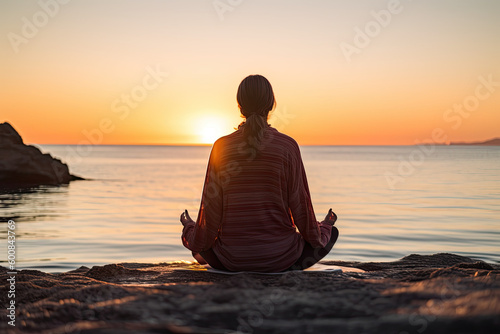 a woman meditating by the sea during sunrise © Yue