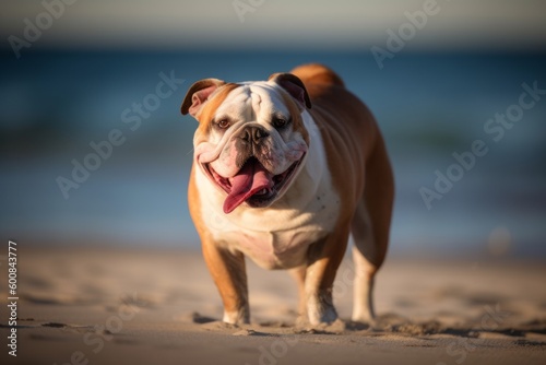Environmental portrait photography of a happy bulldog holding a frisbee in its mouth against a beach background. With generative AI technology © Markus Schröder