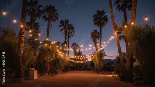 Palm Trees and String Party Lights at Sunset Palm Springs Coachella Valley Generative AI © Suleyman