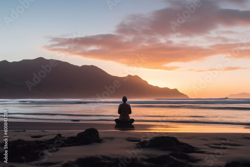a woman meditating by the sea during sunset