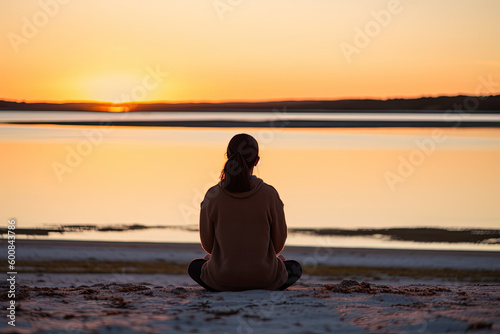 a woman sits by the sea during sunset