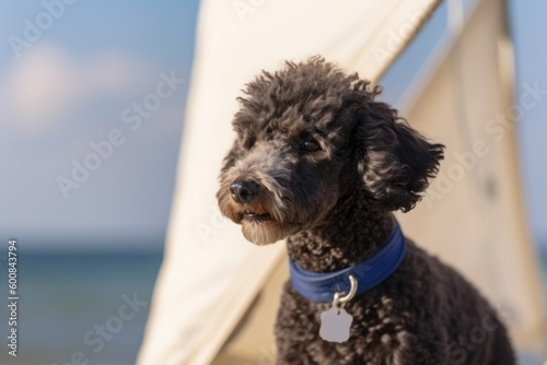 Environmental portrait photography of a curious poodle sailing on a sailboat against a beach background. With generative AI technology