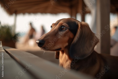 Environmental portrait photography of a curious dachshund relaxing at a cafe against a beach background. With generative AI technology