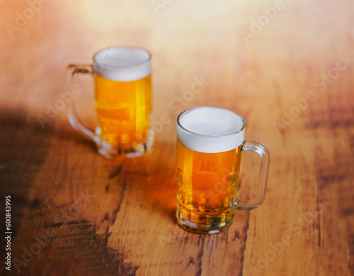 Beer glasses on a pub background. photo
