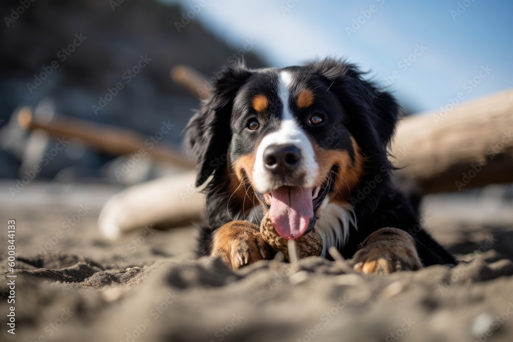 Medium shot portrait photography of a happy bernese mountain dog having a toy in its mouth against a beach background. With generative AI technology Medium shot portrait photography of a happy bernese mountain dog having a toy in its mouth against a beach background. With generative AI technology