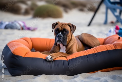 Group portrait photography of a curious boxer sleeping in a dog bed against a beach background. With generative AI technology
