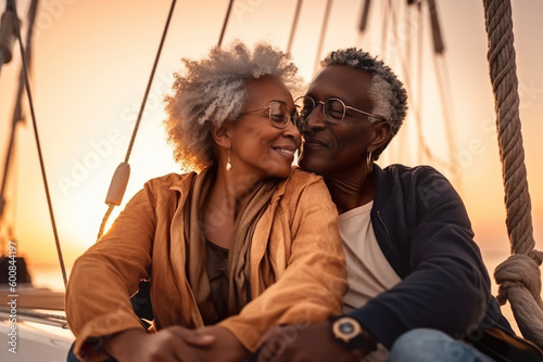 Happy senior African couple in love enjoying a romantic sunset on yacht in the sea, AI Generative Generative AI