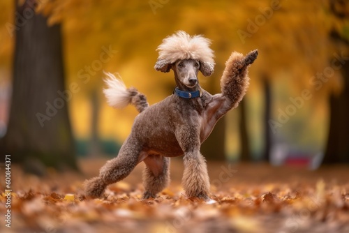 Full-length portrait photography of a curious poodle shaking his paws against an autumn foliage background. With generative AI technology