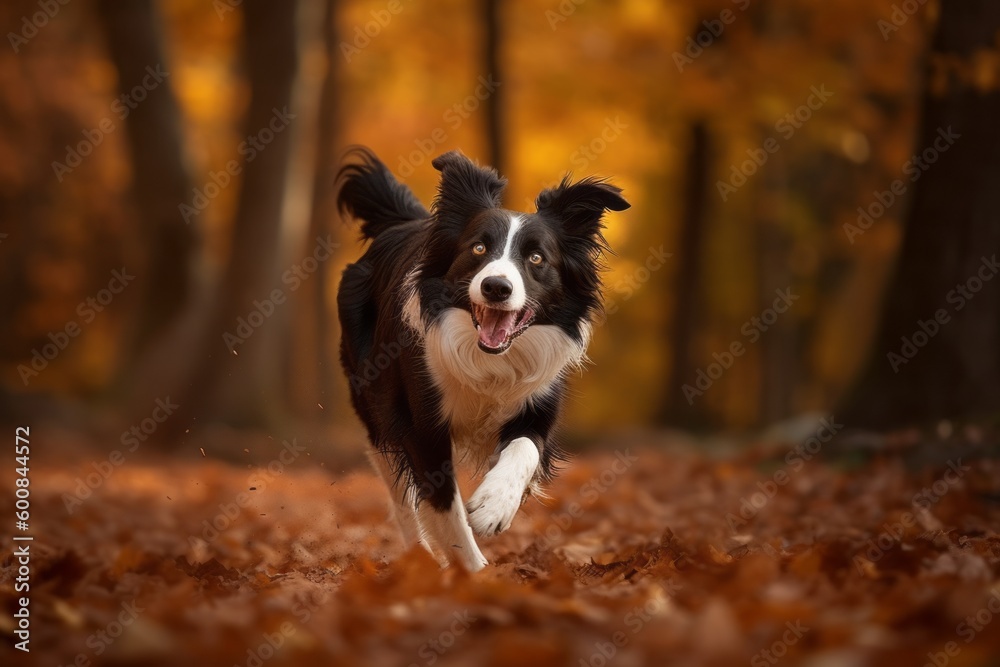 Full-length portrait photography of a happy border collie playing with a ball against an autumn foliage background. With generative AI technology
