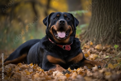 Group portrait photography of a happy rottweiler lying down against an autumn foliage background. With generative AI technology