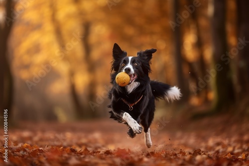 Full-length portrait photography of a happy border collie playing with a ball against an autumn foliage background. With generative AI technology
