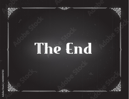 Film end screen with borders, vintage silent movie cinema background. Video industry vintage grungy frame, Hollywood silent movie end, classic 30s cinema screen border or monochrome vector backdrop
