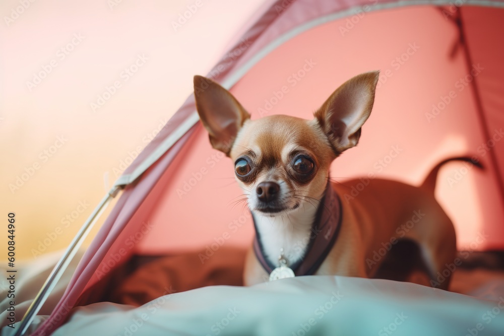 Lifestyle portrait photography of a curious chihuahua camping against a pastel or soft colors background. With generative AI technology