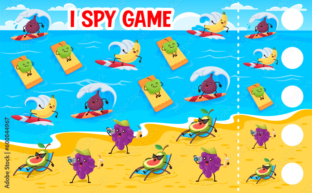 I spy game worksheet, cartoon funny fruits on summer beach vacation. Kids vector riddle how many figs, bananas, apples, grapes and avocado. Children test, education task for baby mind development I spy game worksheet, cartoon funny fruits on summer beach vacation. Kids vector riddle how many figs, bananas, apples, grapes and avocado. Children test, education task for baby mind development
