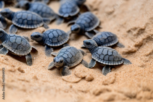 Image of baby black sea turtle on the sand. Sea animals. Illustration, Generative AI.