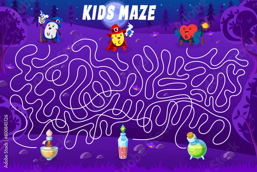 Labyrinth maze game. Help to cartoon vitamin and micronutrient wizards find a magic potion. Kids vector boardgame with S-methylmethionine, Ascorbic acid and Calciferol mages on tangled path in forest