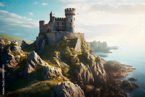 Medieval Castle on mountain near a sea, ancient atmospheric concept, generative ai