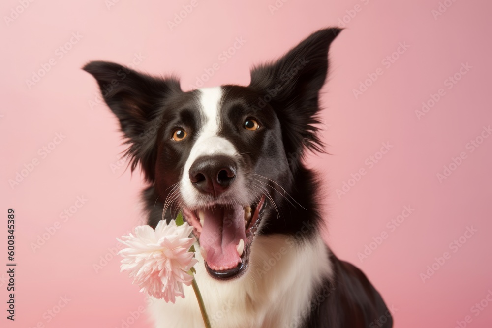 Full-length portrait photography of a happy border collie having a flower in its mouth against a pastel or soft colors background. With generative AI technology