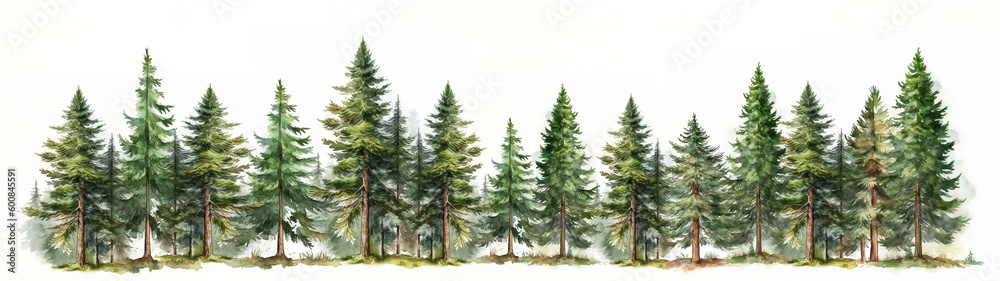 Watercolor forest trees trees, hand drawn fire and spruce trees isolated on white background. Forest woods landscape banner panorama long. Generative AI