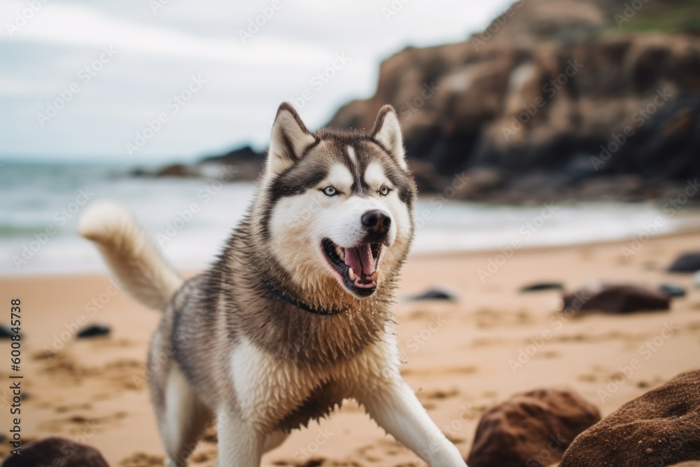Lifestyle portrait photography of an aggressive siberian husky scratching the body against dog-friendly beaches background. With generative AI technology Lifestyle portrait photography of an aggressive siberian husky scratching the body against dog-friendly beaches background. With generative AI technology