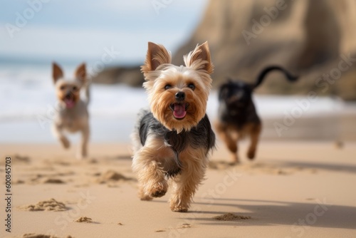 Group portrait photography of a curious yorkshire terrier chasing his tail against dog-friendly beaches background. With generative AI technology