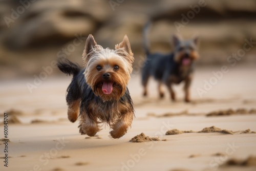 Group portrait photography of a curious yorkshire terrier chasing his tail against dog-friendly beaches background. With generative AI technology