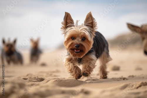 Group portrait photography of a curious yorkshire terrier chasing his tail against dog-friendly beaches background. With generative AI technology © Markus Schröder