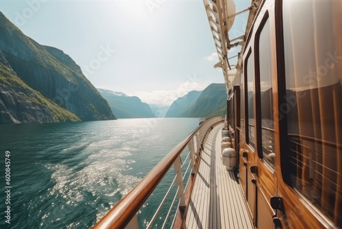View from ship on beautiful nature background with fjords in sea. Created with Generativ eAI photo