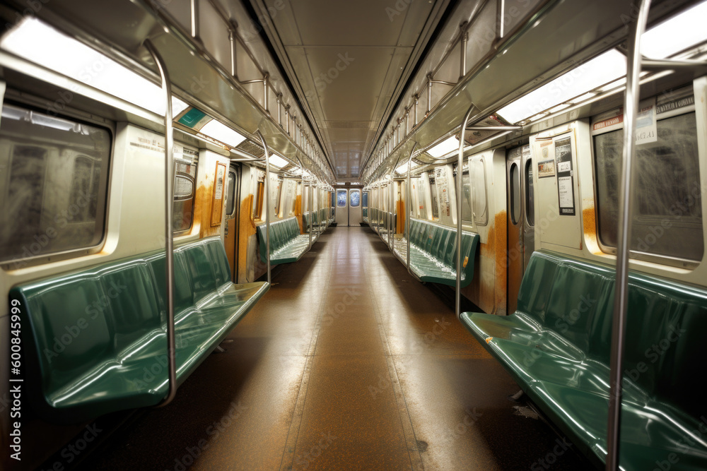 Obraz premium Empty subway train wagon interior. Public transport in city. Inside view of metropolitan wagon. Created with Generative AI