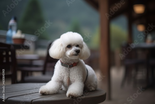 Full-length portrait photography of a curious bichon frise relaxing at a cafe against hiking trails background. With generative AI technology