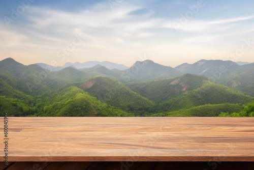 Empty wooden table with blurred mountain landscape background. Wooden planks with space for product design. Created with Generative AI