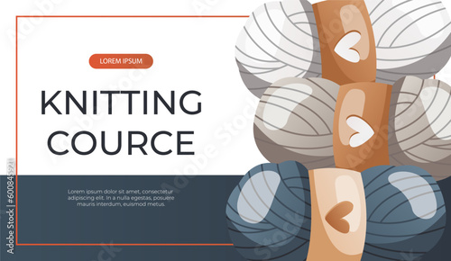 Promo banner with stack of balls of wool for knitting. Skein of yarn.Tools, equipment for knitwork, handicraft. Handmade needlework, hobby. Knitting studio Vector for cover, poster, flyer