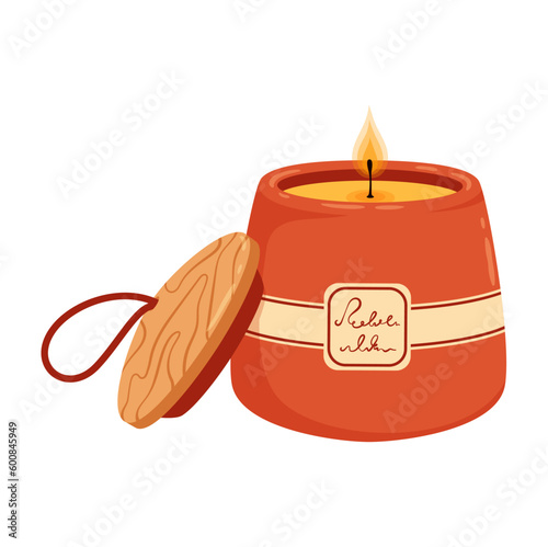 Aromatic spa candle in ceramic jar with lid. Isolated vector fragrant candlelight emanates pleasant scent to fill room with soothing ambiance and creates warm atmosphere for relaxation or meditation