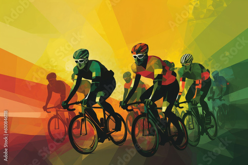 Cyclists team riding on bicycles, color drawing. Bike race banner. Active sport sticker. Created with Generative AI