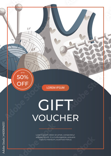 Promo gift flyer with knitted clothes, balls of wool, knitting item. Skein of yarn.Tools, equipment for knitwork, handicraft. Handmade needlework, hobby. Knitting studio Vector A4 poster, banner,cover