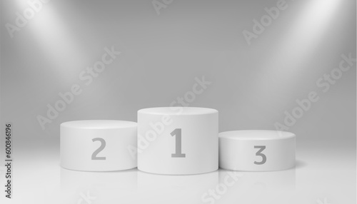 Sport stage podium, winner pedestal background. Sport competition position victory ceremony 3d realistic vector background with first, second and third place podiums illuminated spotlight beam