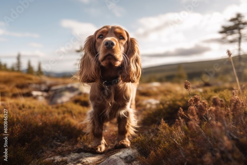 Tela Lifestyle portrait photography of a scared cocker spaniel wagging its tail against national parks background
