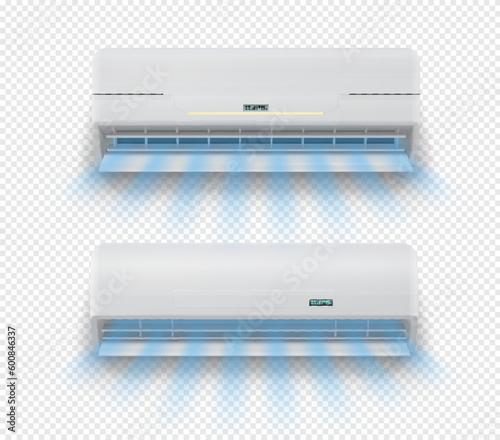 Realistic air conditioner. House cooling and heating, office conditioning split system, air purifying and ventilation technology, isolated 3d vector conditioner unit with cold breeze flow